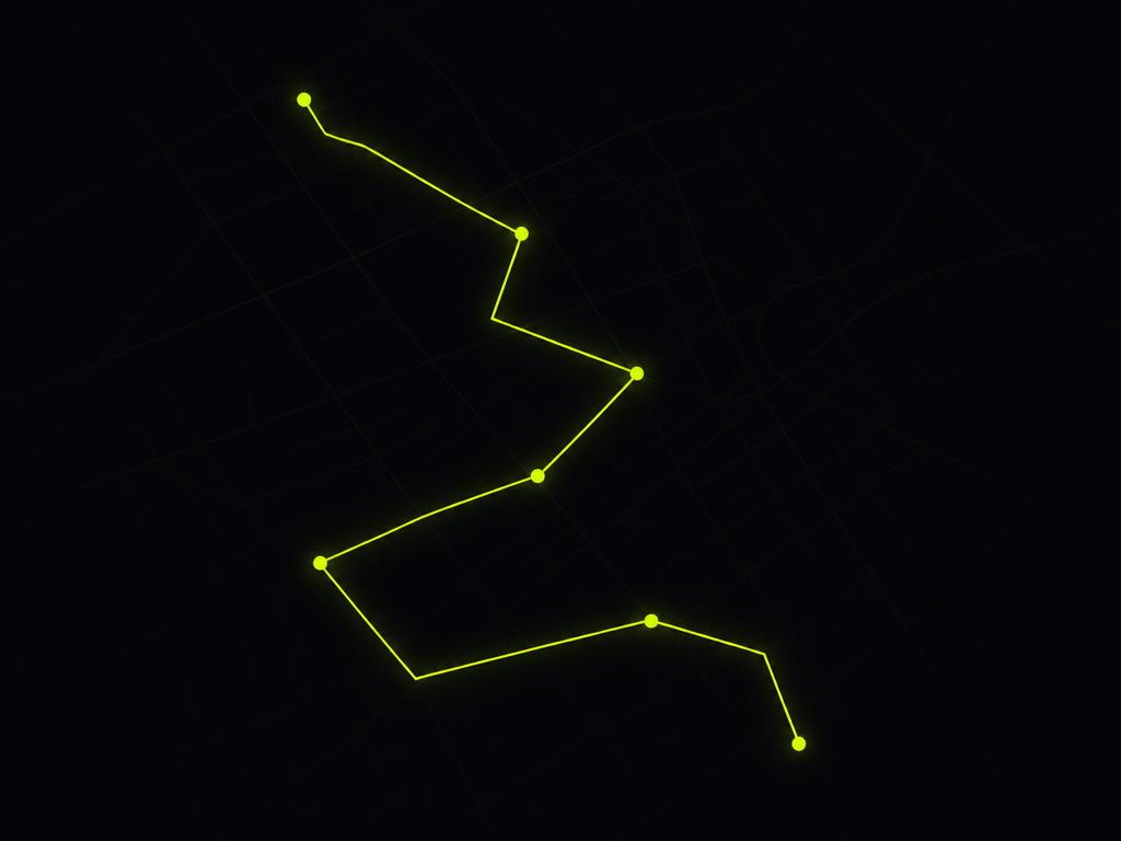A glowing citron route line connecting nodes across a dark city map